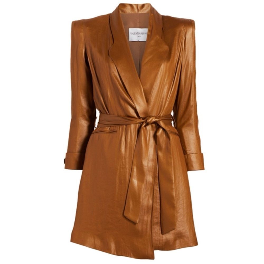 Satin Wrap Long-Sleeve Mini Dress in Cognac